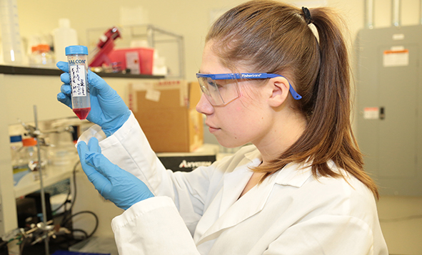 student looking at a test tube in a lab