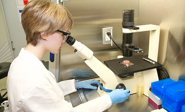 student in a lab looking into a microscope