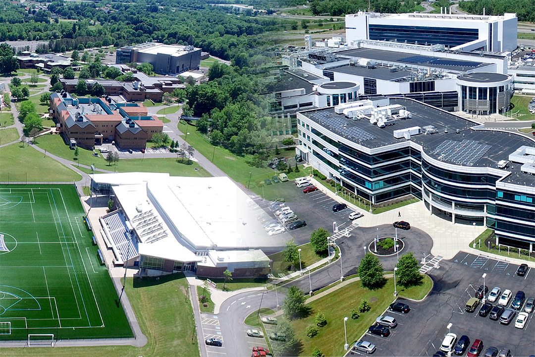 combined aerial photos of Albany and Utica campuses