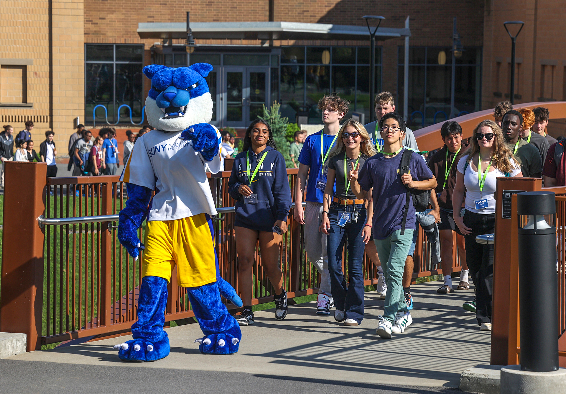 Photo of students and Walter the Wildcat crossing the Bridge.